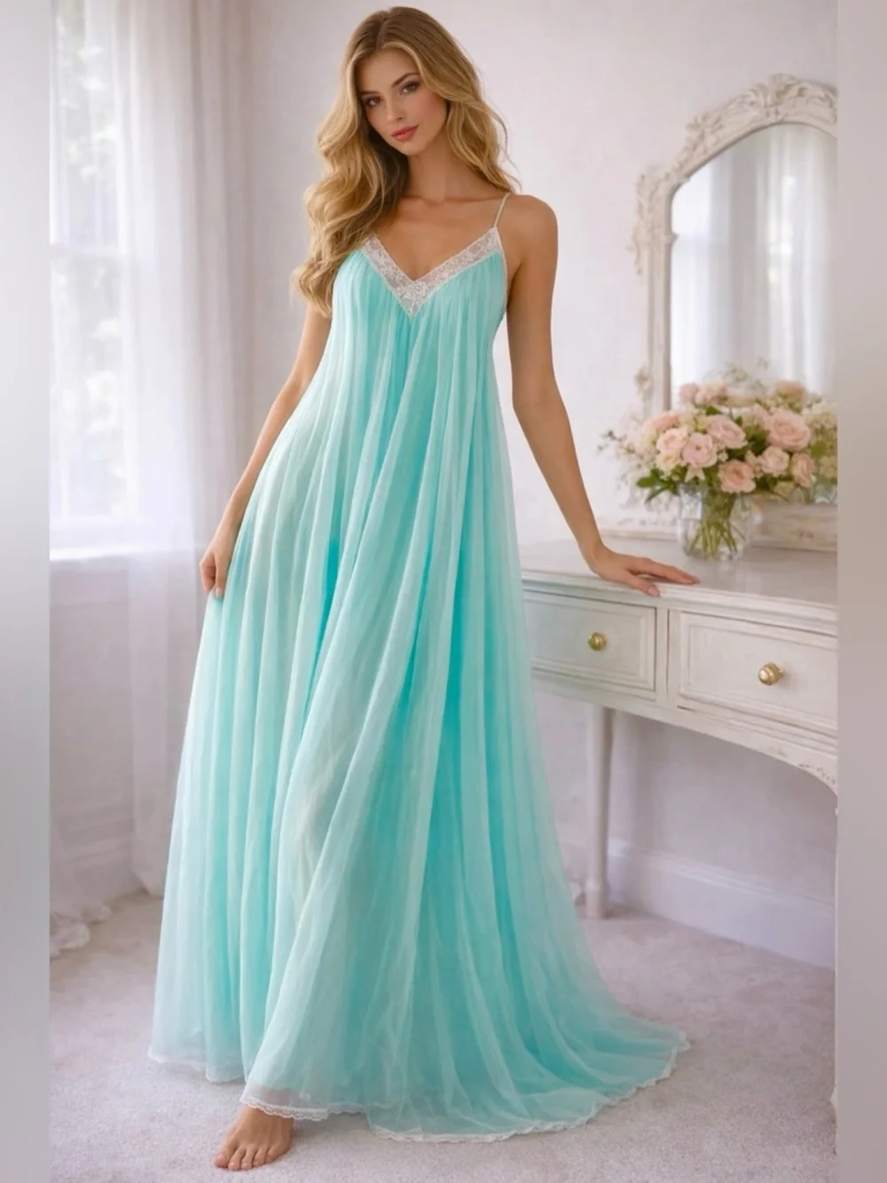 VTG Sabrina by Mervyn’s Turquoise Sheer Nightgown Maxi Satin Slip Dress M - Picture 1 of 6